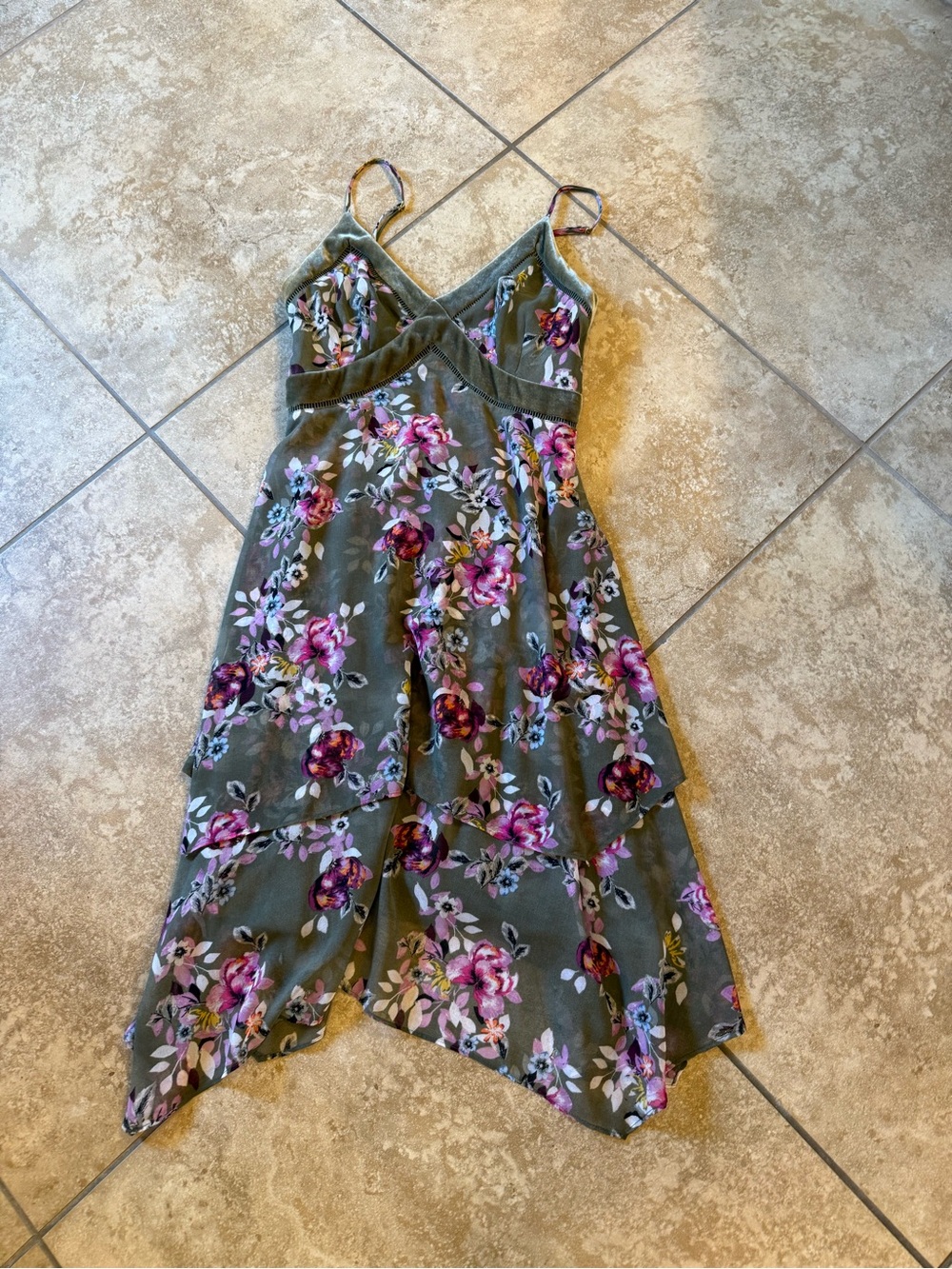 White House Black Market Olive Green Floral Asymmetrical Dress